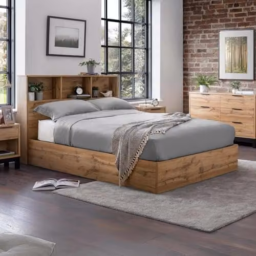 Julian Bowen Bali Oak Wood Bookcase Ottoman Storage Bed with Lift Up Base, W/D/H: 180 x 200 x 105 cm