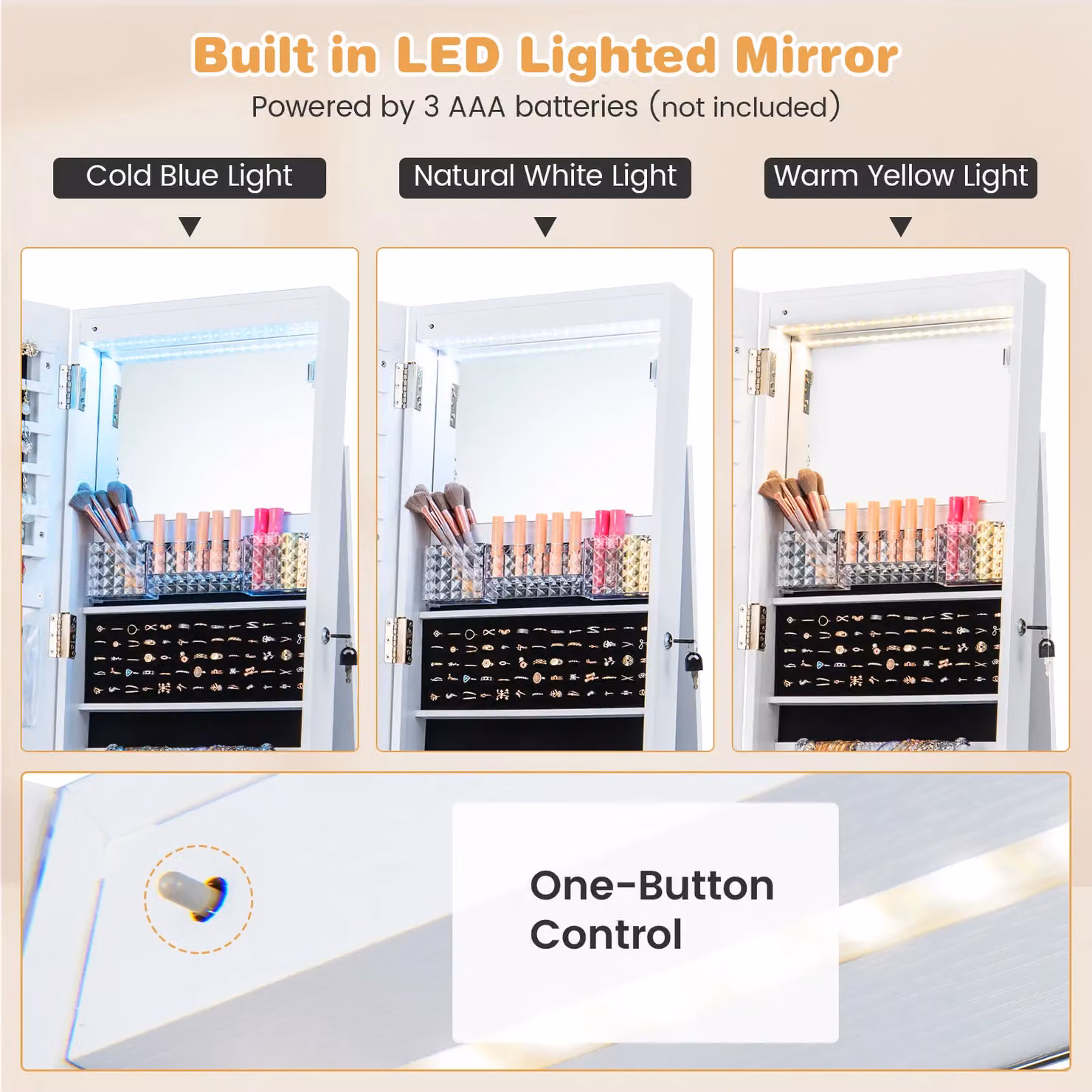 Gymax 360 Rotating White Standing Jewelry Armoire with Mirror and LED Lighting – 3