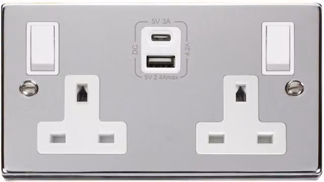 SE HOME White and Polished Chrome Surface Mounted 2 Gang 13A Type A C USB Twin Double Switched Plug Socket