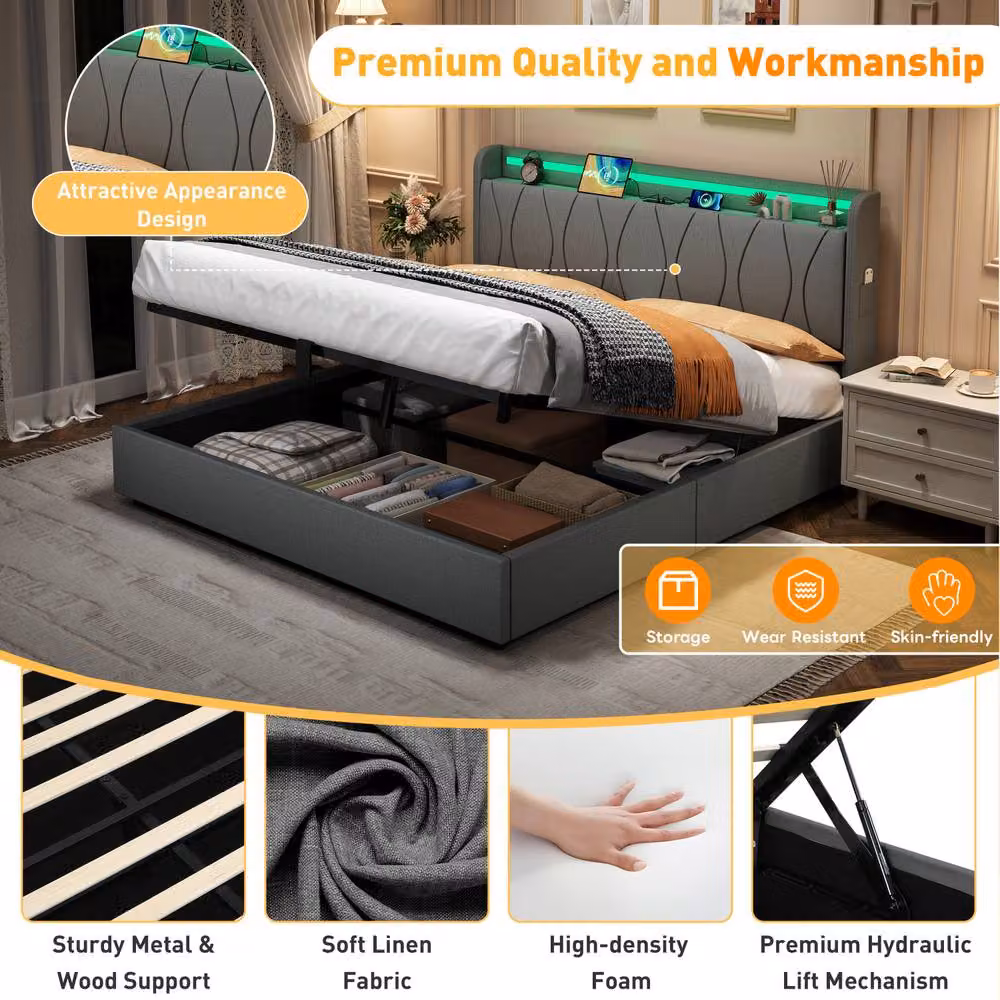 Matteo King Upholstered Bed Frame in Grey with Hydraulic Storage, LED Headboard and USB Charging Port, W/D/H: 180 x 200 x 155 cm – 4
