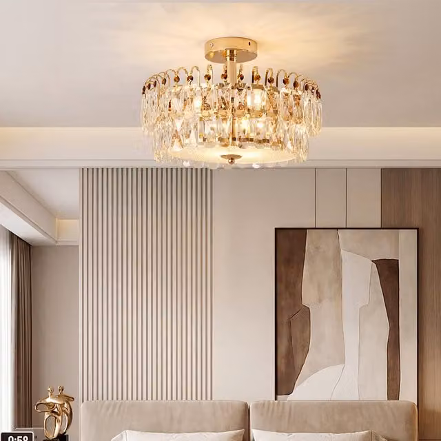 Living Star Modern Round Semi Flush Mount Crystal Ceiling Light in Gold and Transparent
