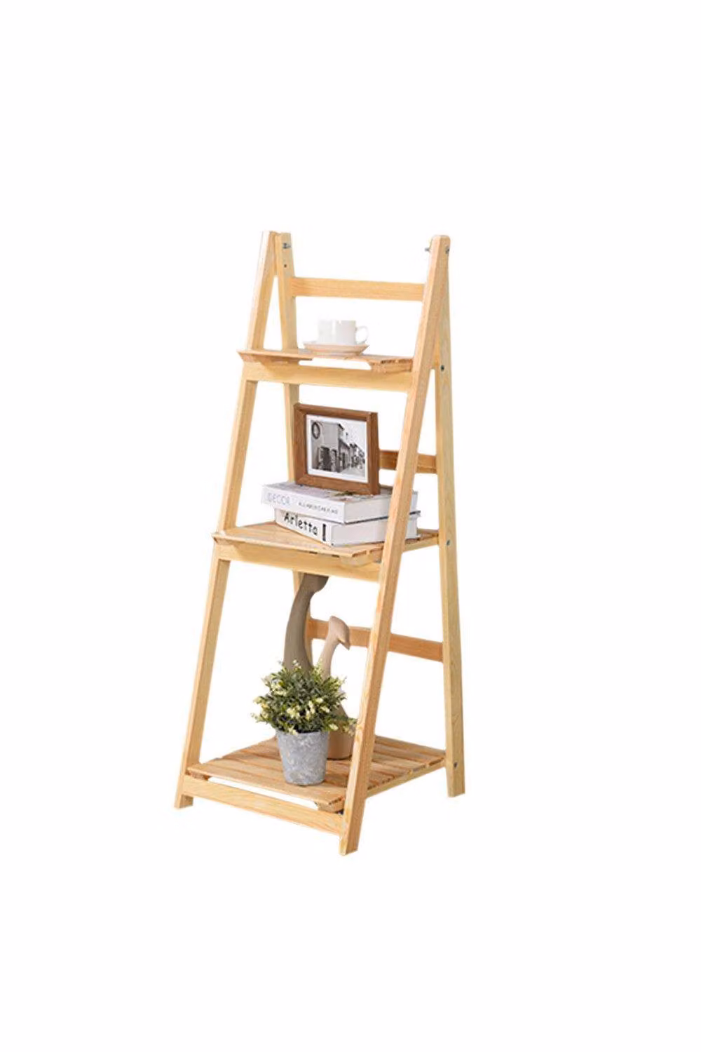 H&O Direct 3 Layer Wooden Foldable Ladder Shelf for Plants in Brown – 3