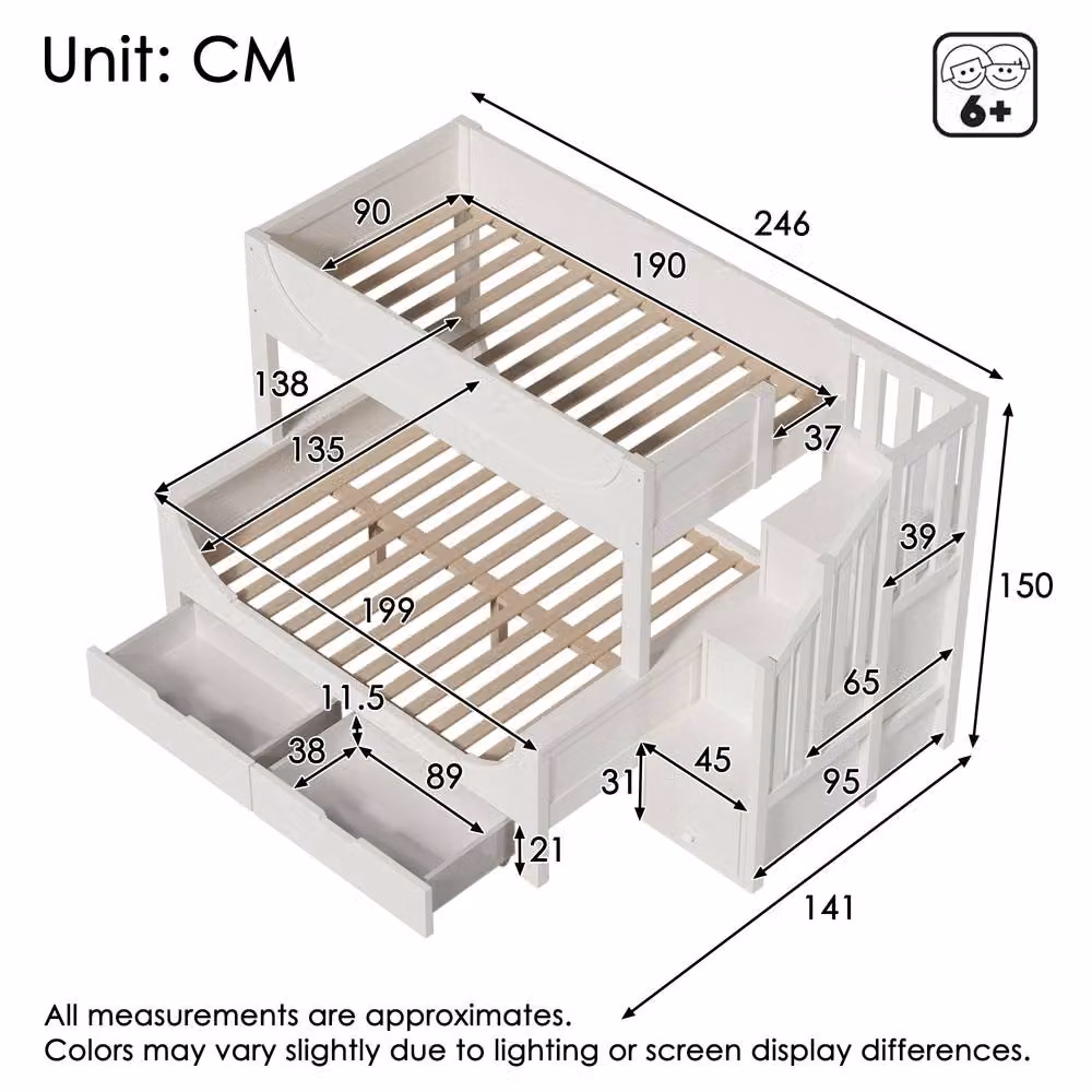 ModernLuxe Single over Double Bunk Bed with Storage Steps and 2 Drawers in White – 2