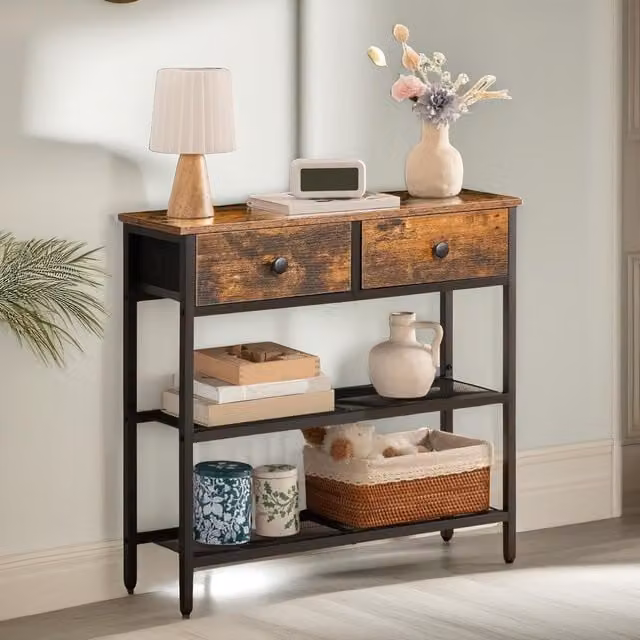 Pirlo Plush Industrial Console Table with 2 Non-Woven Drawers in Brown