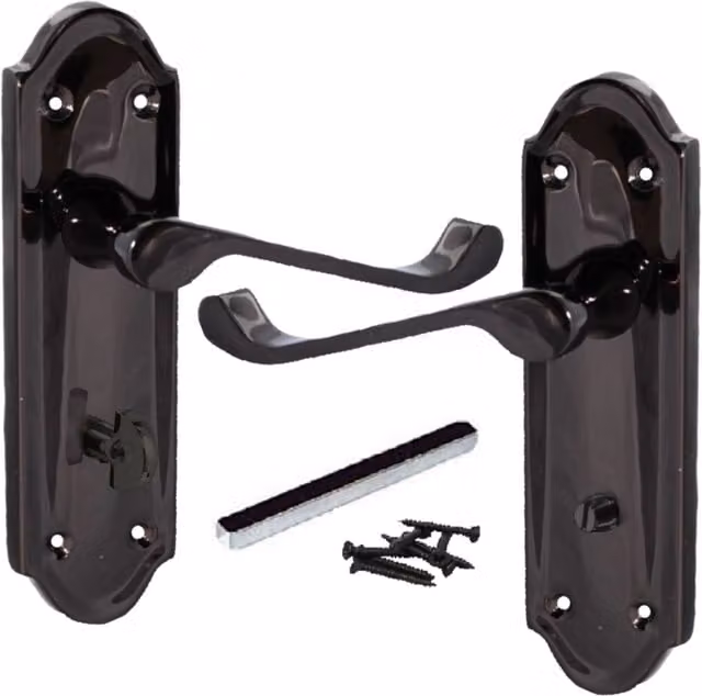 Ashford Bathroom Lock Scroll Lever Door Handle with Long Backplate Set, Black