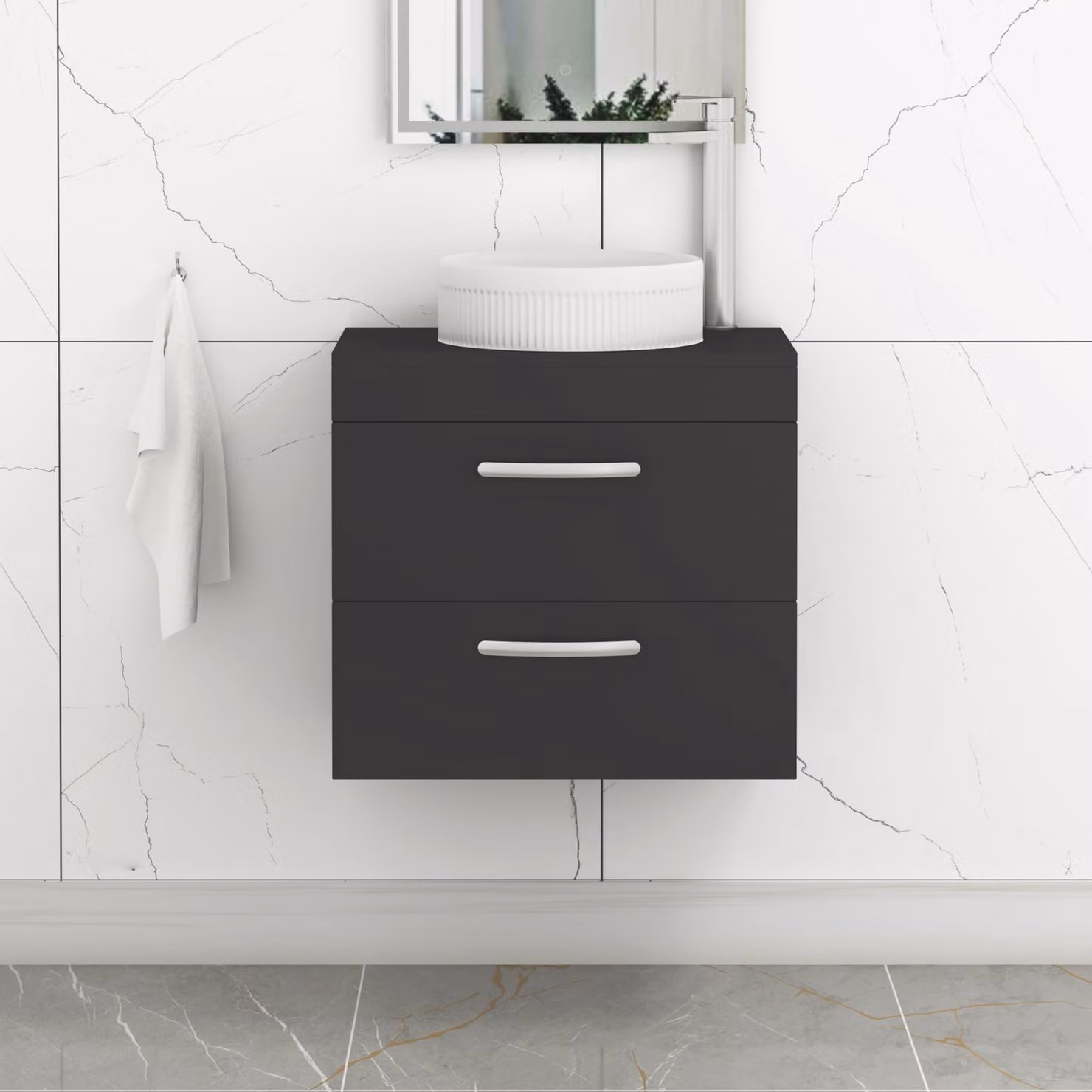 Royal Bathrooms Turin 600mm Wall Hung Vanity Unit with 2 Drawers and Round Countertop Basin in Matt Black