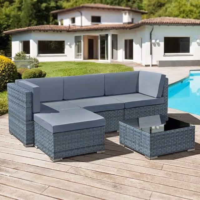 Oseasons Trinidad 4 Seat Modular Rattan Chaise Lounge Set in Ocean Grey with Upholstered Cushions