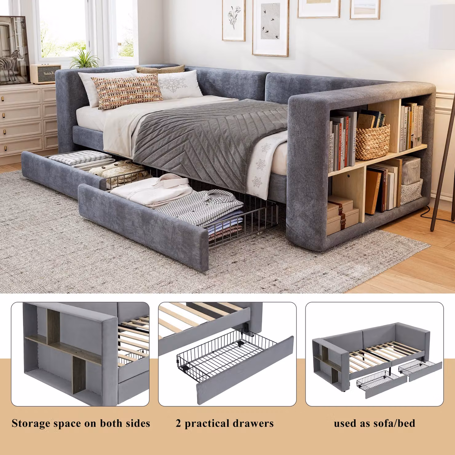 Matteo Grey Velvet Upholstered Single Daybed Sofa Bed with Storage Drawers, W/D/H: 90 x 190 cm – 3