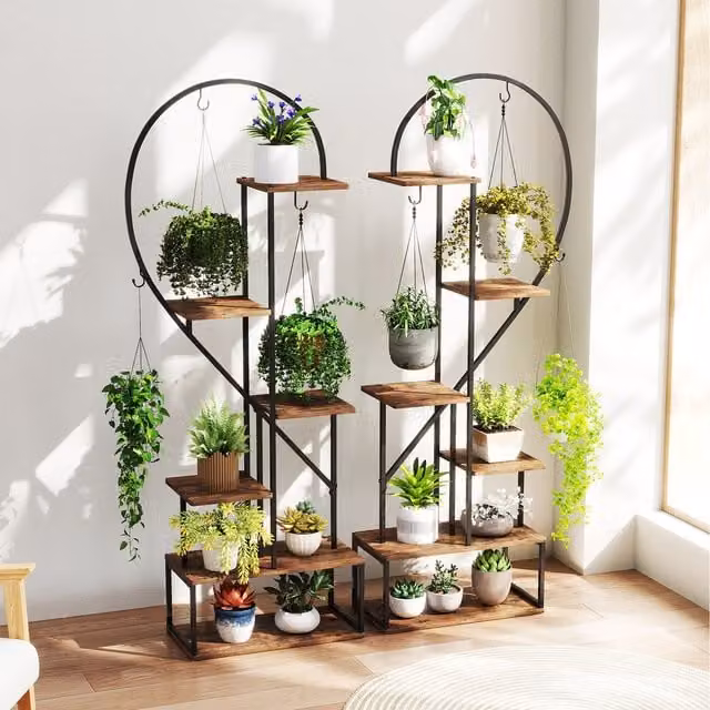 COSTWAY 6-Tier Modern Ladder Plant Stand in Brown Metal and Wood