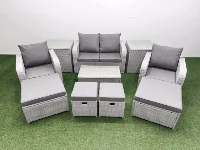 Fimous 10 Piece Modern Garden Furniture Set in Light Grey with Upholstered Sofas, Reclining Chairs, Ottoman and Rectangular Coffee Table