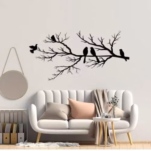 Your Home Rulez Black Metal Birds Branch Wall Art, W 120 cm x H 55 cm