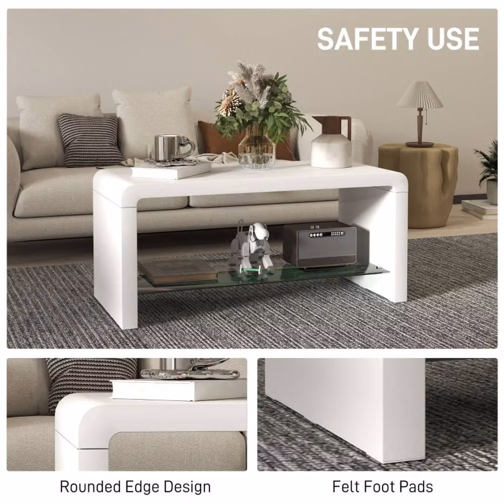 STILVORA Modern Gloss White Rectangular Coffee Table with 2-Tier Shelf – 5