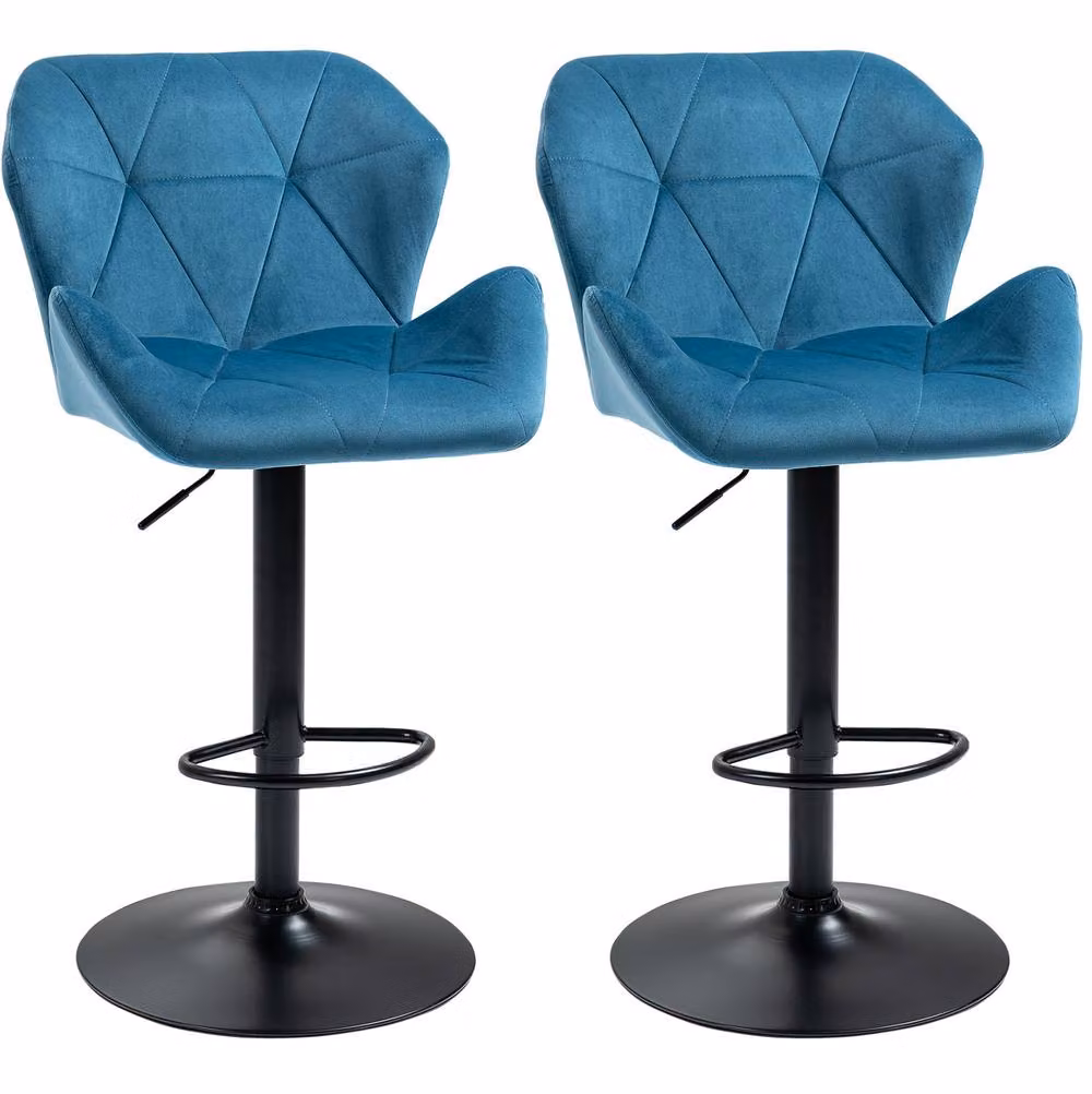 STILVORA Set of 2 Blue Velvet Swivel Bar Stools with Adjustable Height and Metal Base – 3