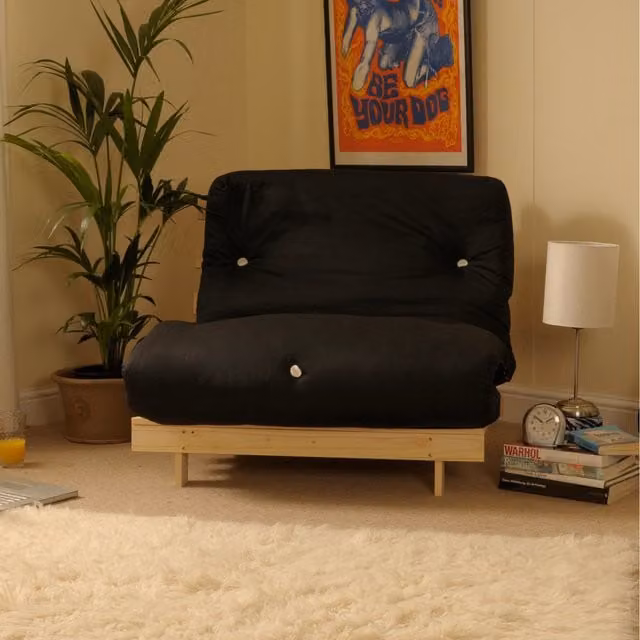Cloud Nine Modern Black and White Cotton Futon Chair Fold Out Sofa Bed with Solid Pine Wood Frame, W/D/H: 90 x 190 cm