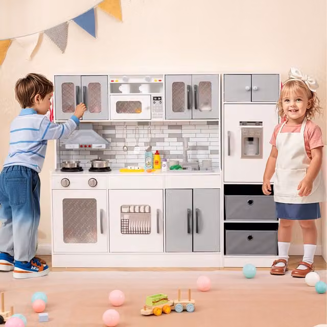 Costway Kids Kitchen Refrigerator Set in Grey