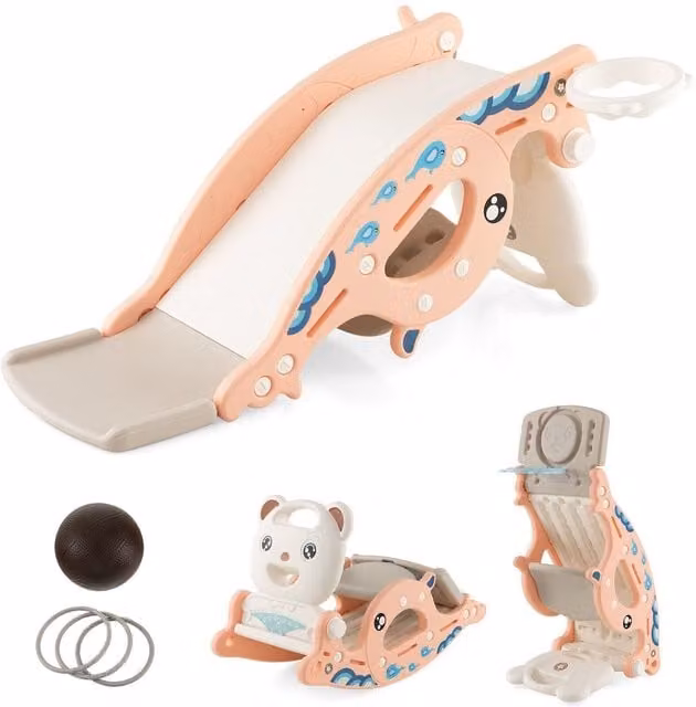 COSTWAY 4 in 1 Baby Rocker with Slide and Ball Sports, Pink