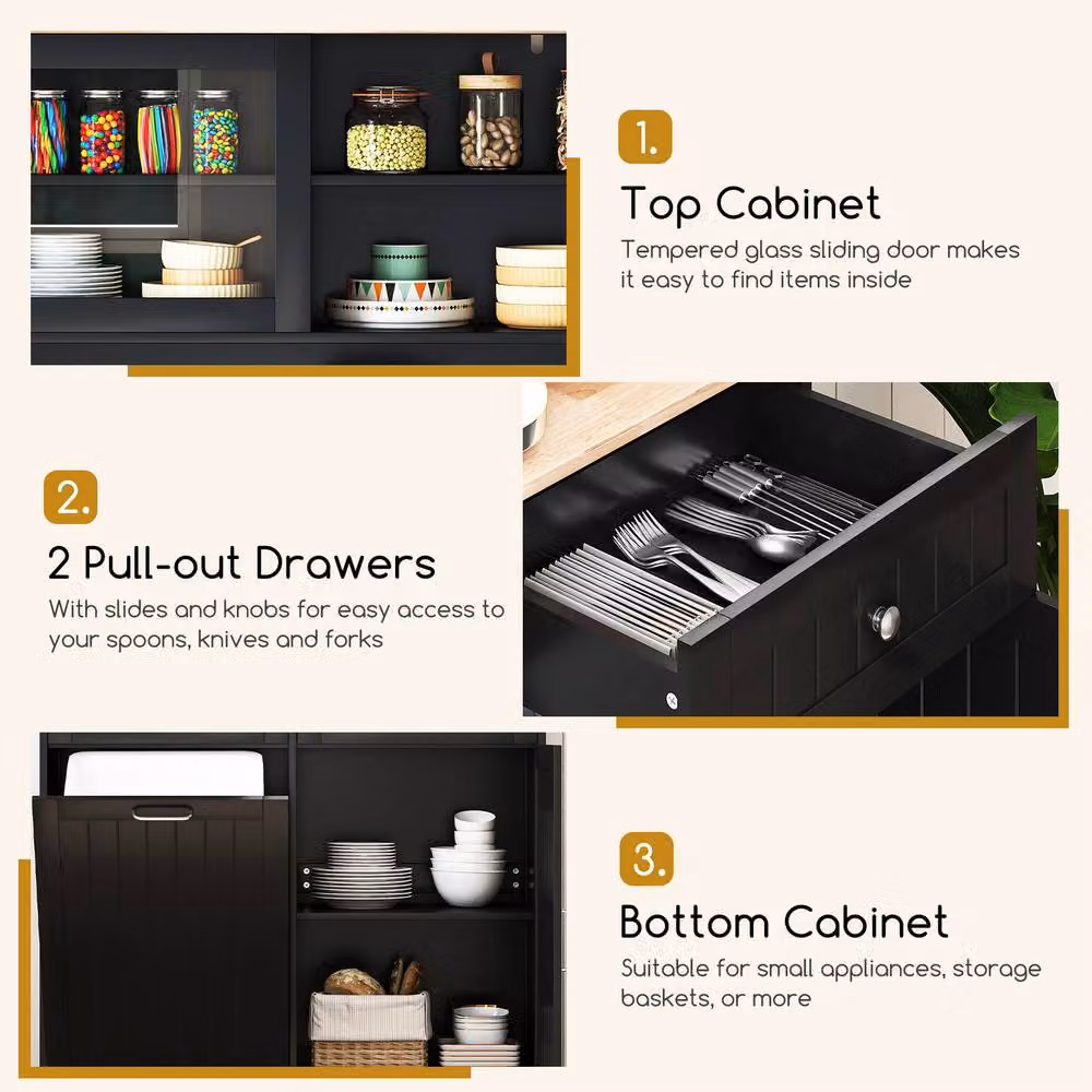 Costway Double Tilt Out Trash Cabinet with Hutch Kitchen Pantry Storage Cabinet in Black – 6