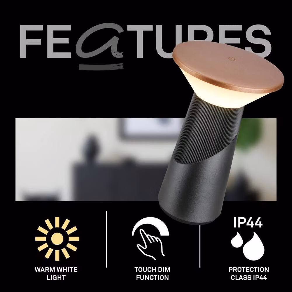 Briloner Pilia Rechargeable LED Table Lamp, Dimmable Touch Control, IP44 Rated, Anthracite Bronze Metallic, H 24 cm x W 15 cm x D 15 cm – 3