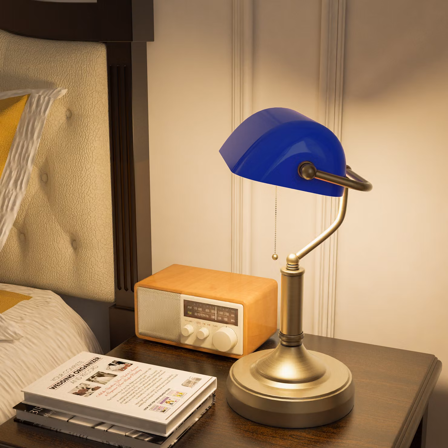 HOMCOM Banker's Desk Lamp with Antique Bronze Base and Blue Glass Shade – 3