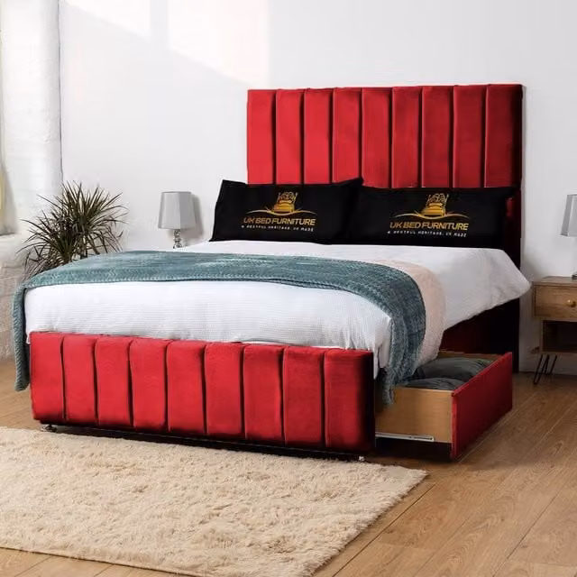 UK Bed Furniture Falcon Divan Bed with 2 Drawers and 26 Inch Headboard, Red Velvet, W/D/H: 180 x 200 cm