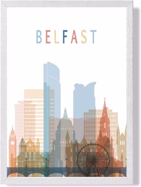 ARTZE Belfast Colourful City Skyline Framed Print, Multicolour with White Frame, A3