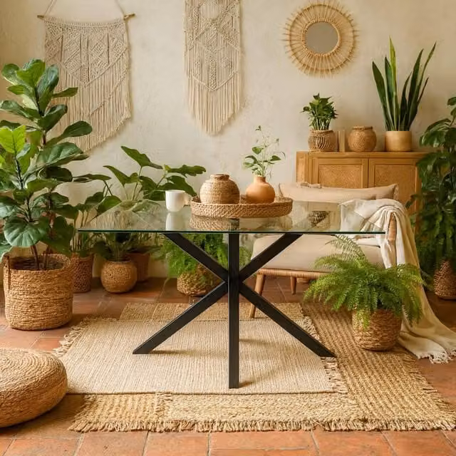 Wyld Haus Saignon Rectangular Glass Dining Table with Matte Black X-Frame Base, W: 80 cm, D: 80 cm, H: 76 cm