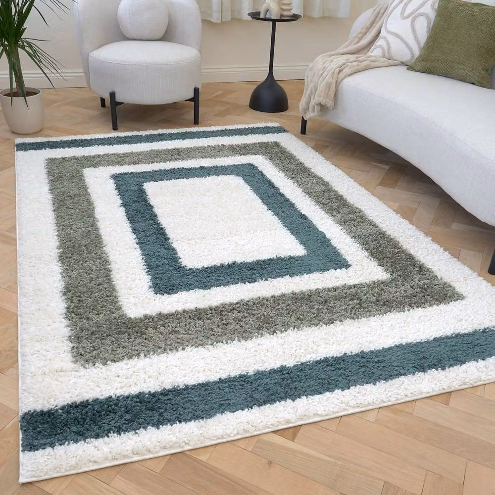 THE RUGS Moodi Border Design Shaggy Soft High Pile Living Room Rug in Green, W: 120 cm, L: 170 cm – 7