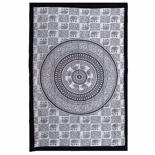 KDMD Single Cotton Bedspread and Wall Hanging Set with Black Elephant Mandala Design – 1