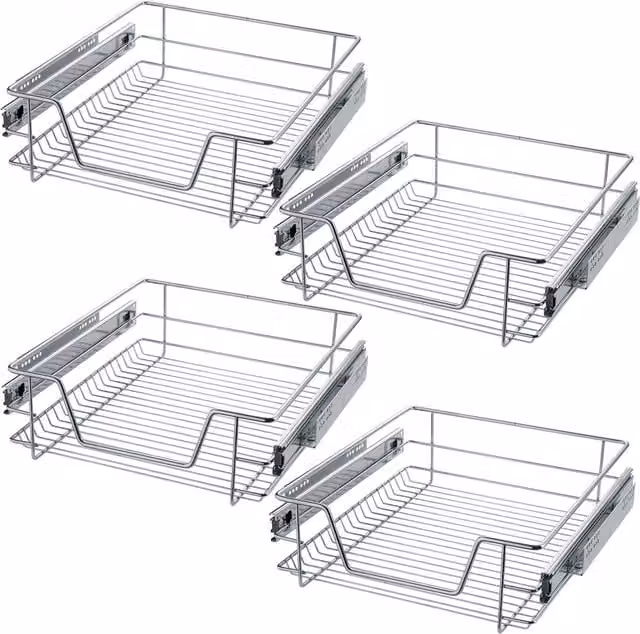 TECTAKE 4 Sliding Metal Wire Baskets with Drawer Slides, Grey/Silver, Width: 50 cm
