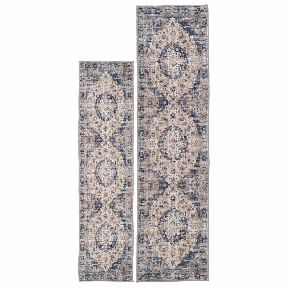 Kukoon Beige and Blue Distressed Vintage Medallion Soft Living Room Area Rug, W: 240 cm, D: 330 cm – 4