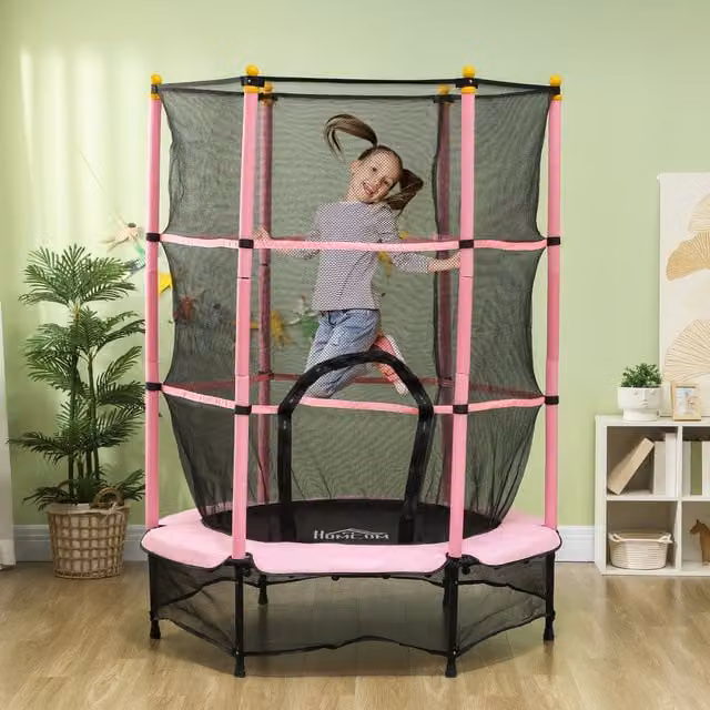 HOMCOM Pink Kids Mini Trampoline with Safety Net Enclosure, Diameter: 139.7 cm