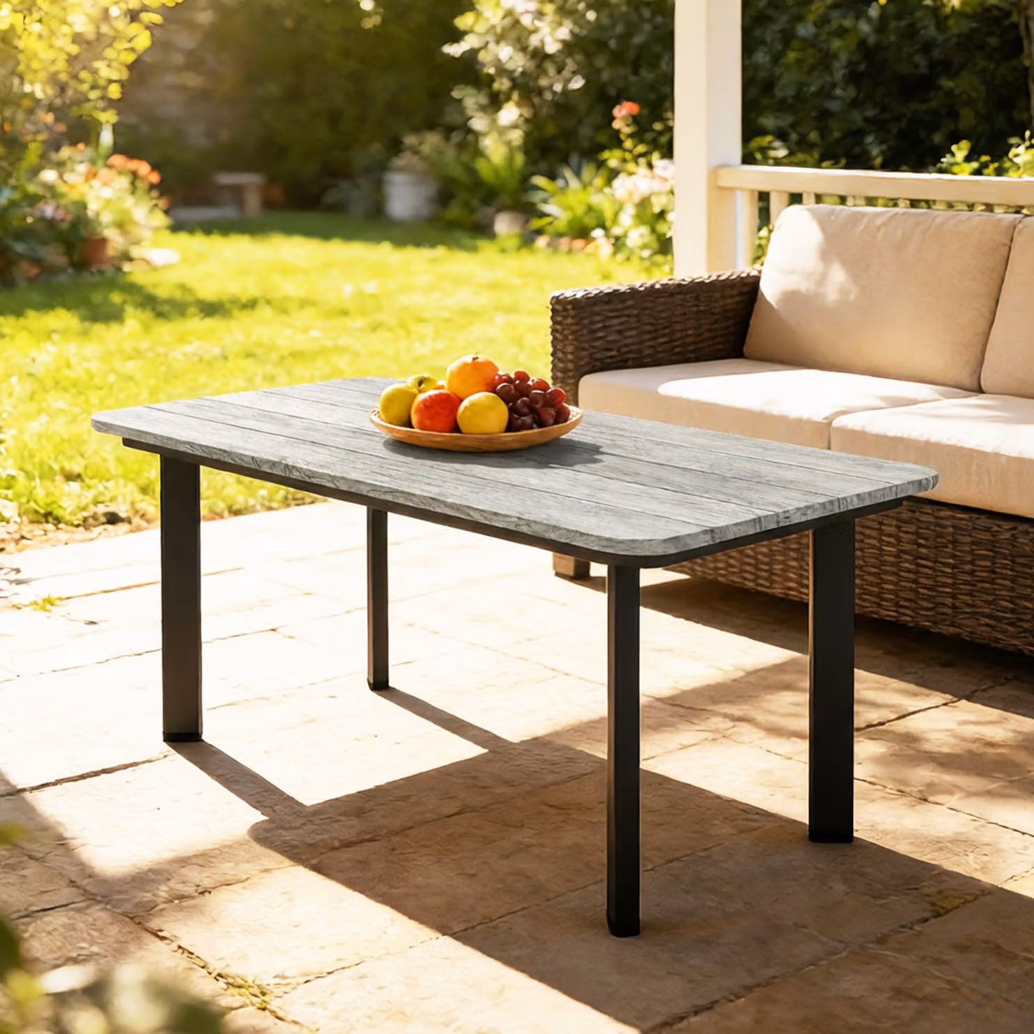Outsunny Modern Rectangular Outdoor Garden Coffee Table with WPC Slatted Top and Metal Frame, Grey – 6