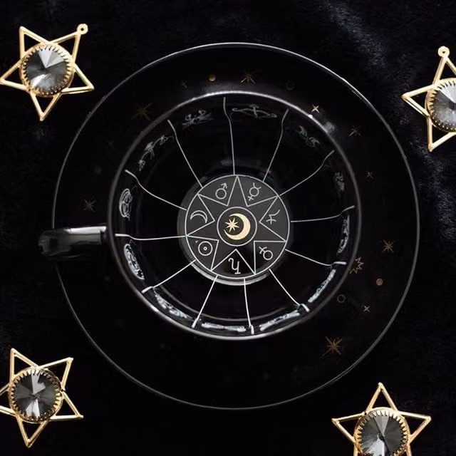 Uniqueful Astrology Fortune Telling Ceramic Teacup with Saucer in Black, White and Gold, 550ml – 1