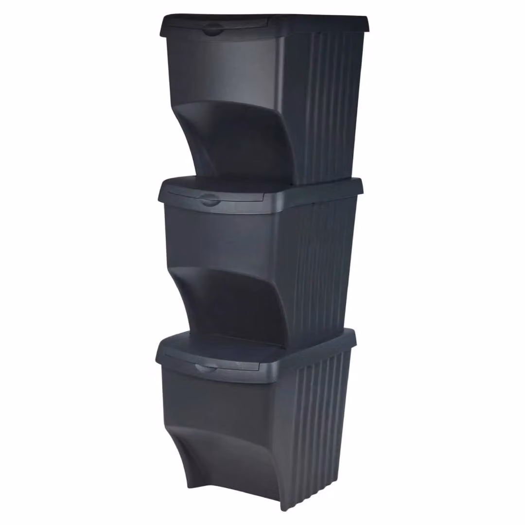 EONLION 3 Piece Stackable Plastic Waste Bin Set with Lids and Odour Filter, Black – 3