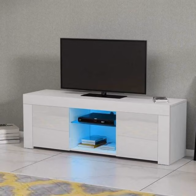EONLION Modern Glossy White TV Unit Stand with Glass and Integrated Lighting, W/D/H: 120 x 35 x 35 cm – 1
