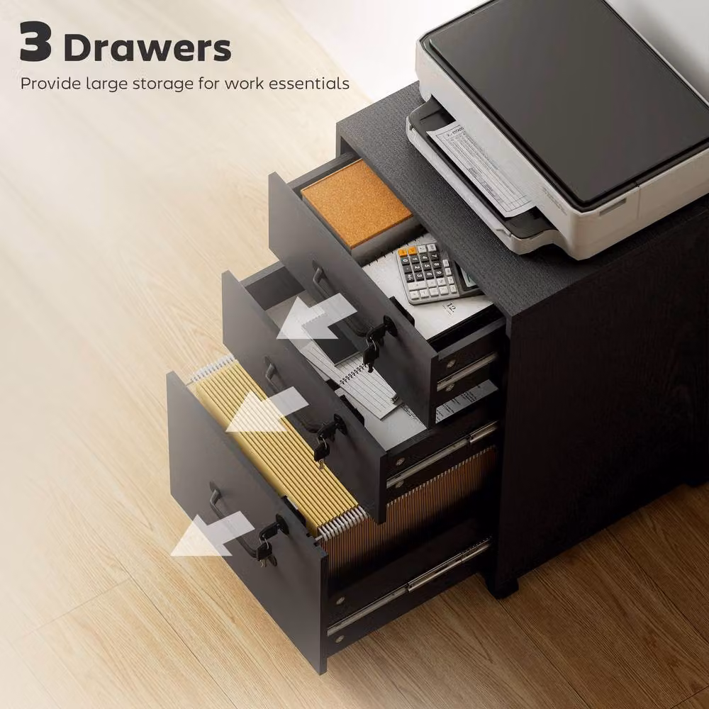 STILVORA Three Drawer Filing Cabinet with Locks and Castors in Black, W/D/H: 40 x 40 x 69.5 cm – 5