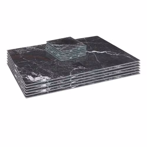 Harbour Housewares 12pc Black and White Marble Effect Glass Placemats and Coasters Set, W: 40 cm, D: 30 cm – 1