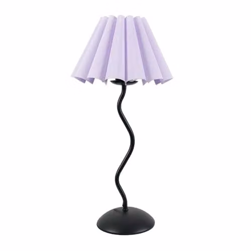 ValueLights Black Metal Wavy Stem Table Lamp with Lilac Pleated Tapered Shade and LED Bulb