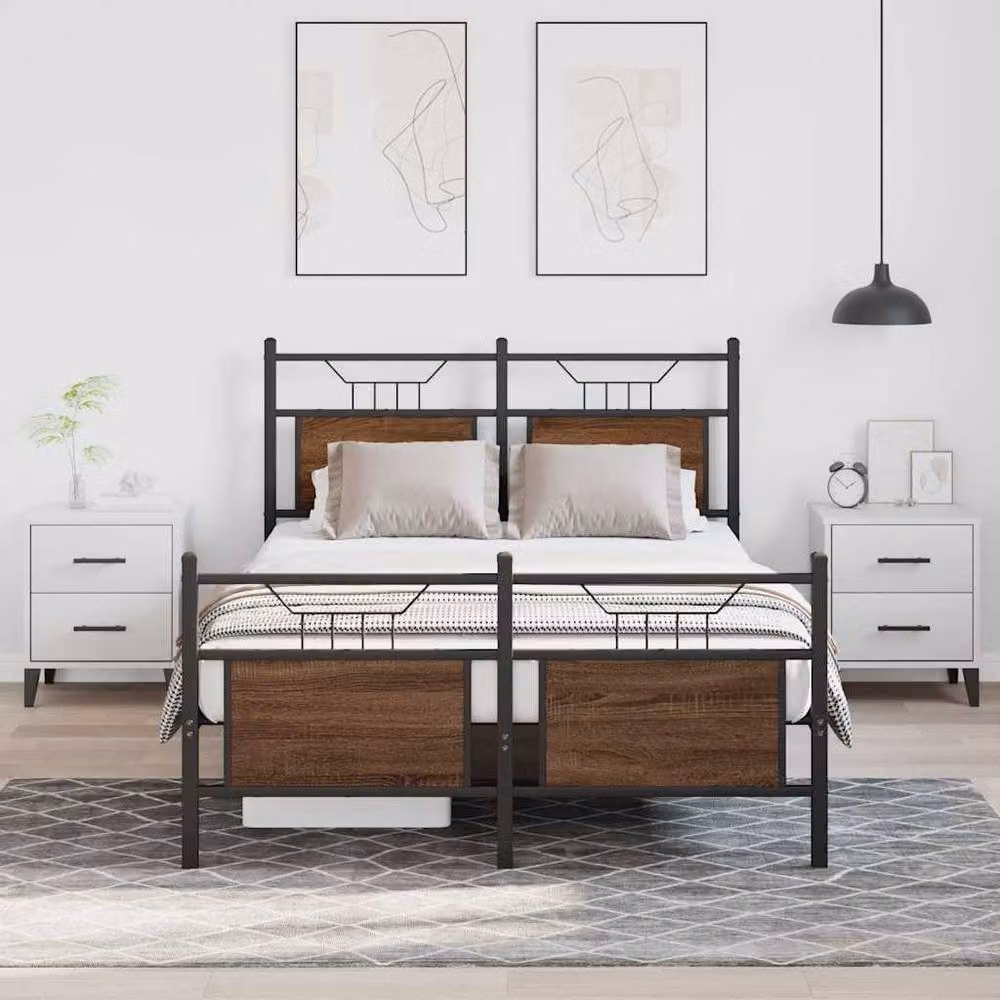 Berkfield Home Small Double Bed Frame in Brown Oak and Metal, W/D/H: 120 x 190 cm – 2