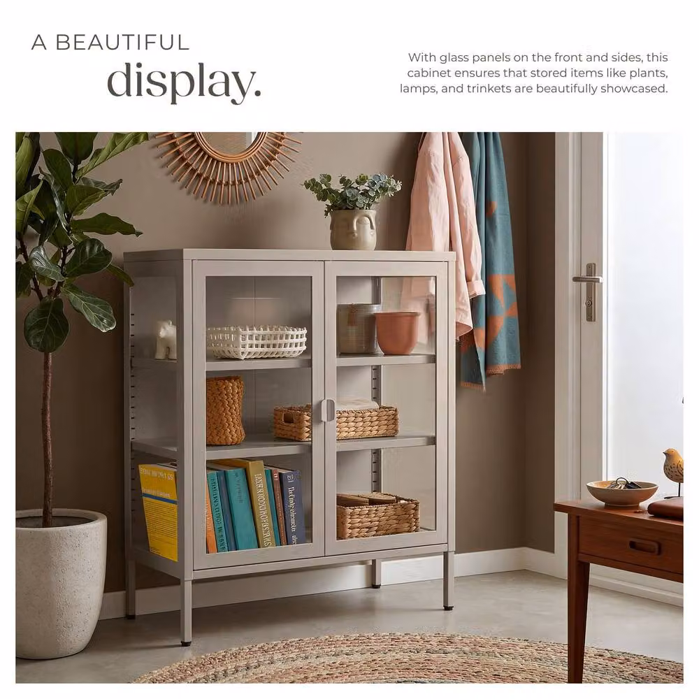 tectake Baker Metal Display Case in Taupe with Glass Doors and Internal Shelves, W/D/H: 80.0 x 90.5 x 200.0 cm – 4