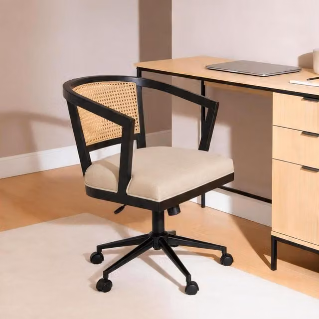 Home Source Nola Black Rattan Swivel Task Chair for Home Office