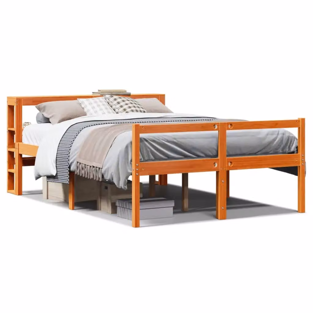 Berkfield Home Solid Pine Bed Frame with Headboard in Waxed Brown, W/D/H: 135 x 190 cm – 2