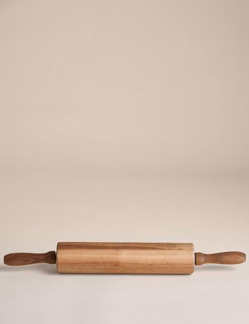 M&S Natural Wooden Round Rolling Pin in Brown and Beige