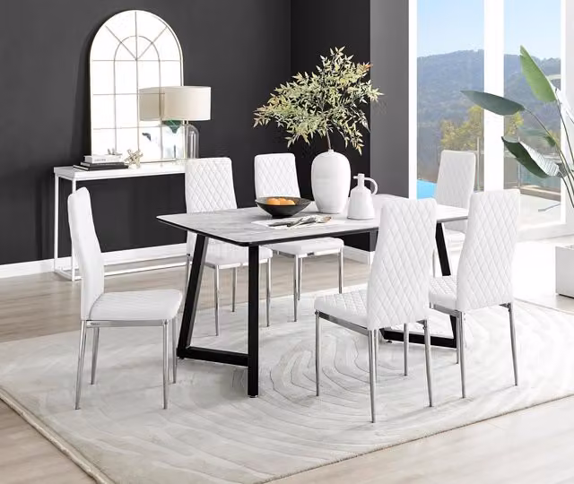 FurnitureboxUK Carson White Marble Effect Dining Table and 6 Milan Chrome Leg Chairs Set