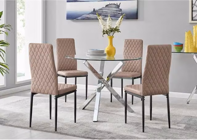 FurnitureboxUK Selina Round Glass Kitchen Dining Table and 4 Milan Black Leg Chairs in Cappuccino