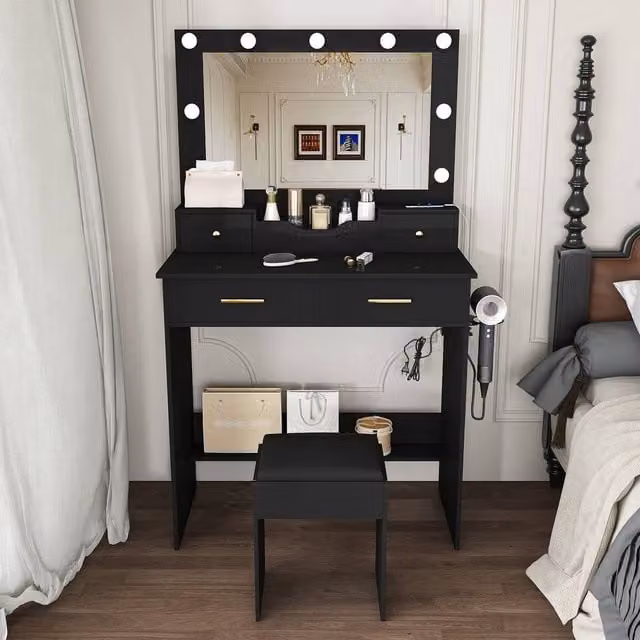 Matteo Black Glossy Hollywood Mirror Dressing Table with LED Lights and Stool