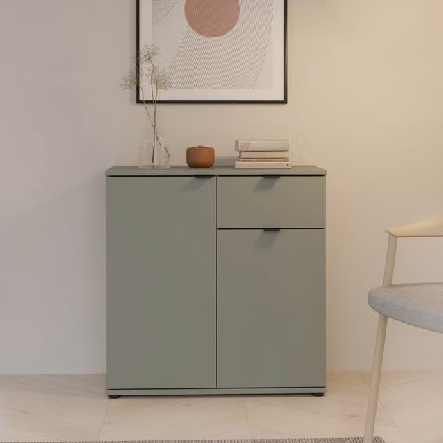 Furniture To Go Ganymede 2 Door Cupboard with Drawer in Sage Green and Grey