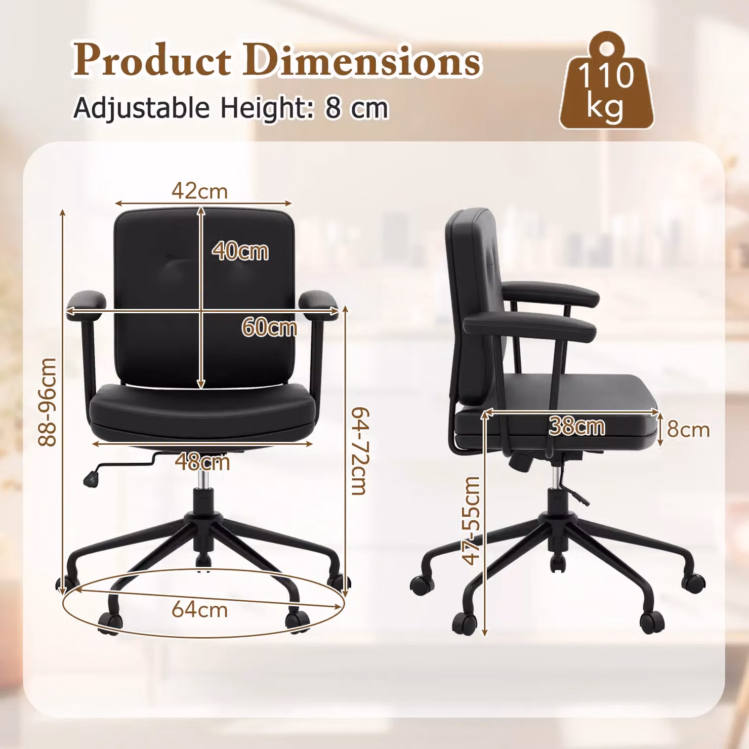 Gymax Mid-Century Home Office Swivel Task Chair in Brown Synthetic Leather with Adjustable Height and Castors – 2
