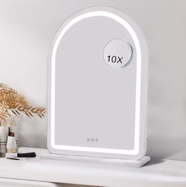 Downton Interiors Soho Collection White Metal Frame LED Vanity Dressing Tabletop Mirror, Width: 70 cm