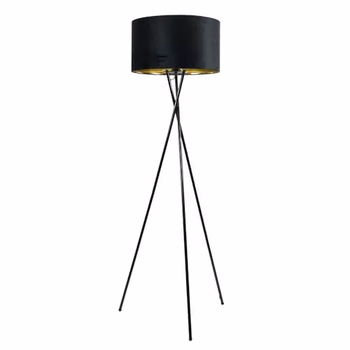 ValueLights Camden Tripod Floor Lamp in Gloss Black with Black Velvet and Gold Inner Shade